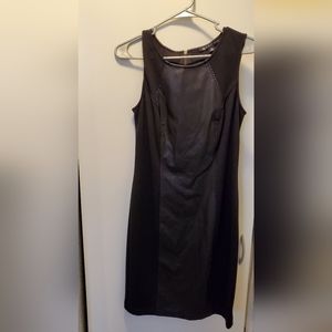 Blanc noir sleeveless faux leather panel sheath dress